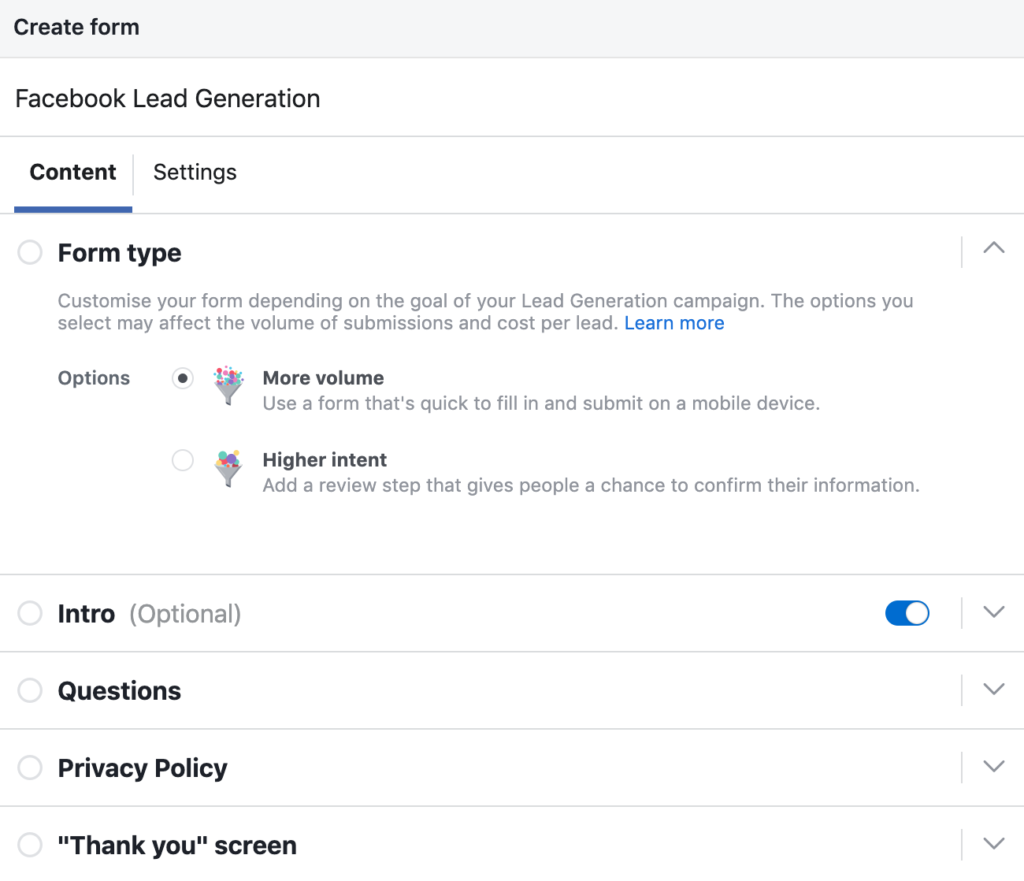 Facebook In-Platform Lead Generation Form Setup