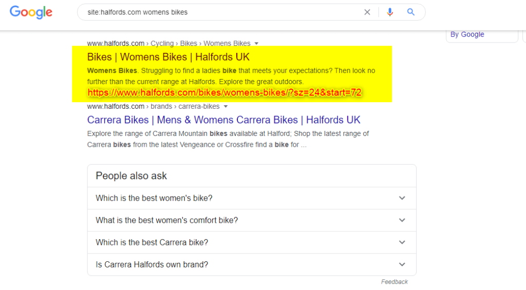 The Halfords size parameter page that we spotted last time is still indexed by Google