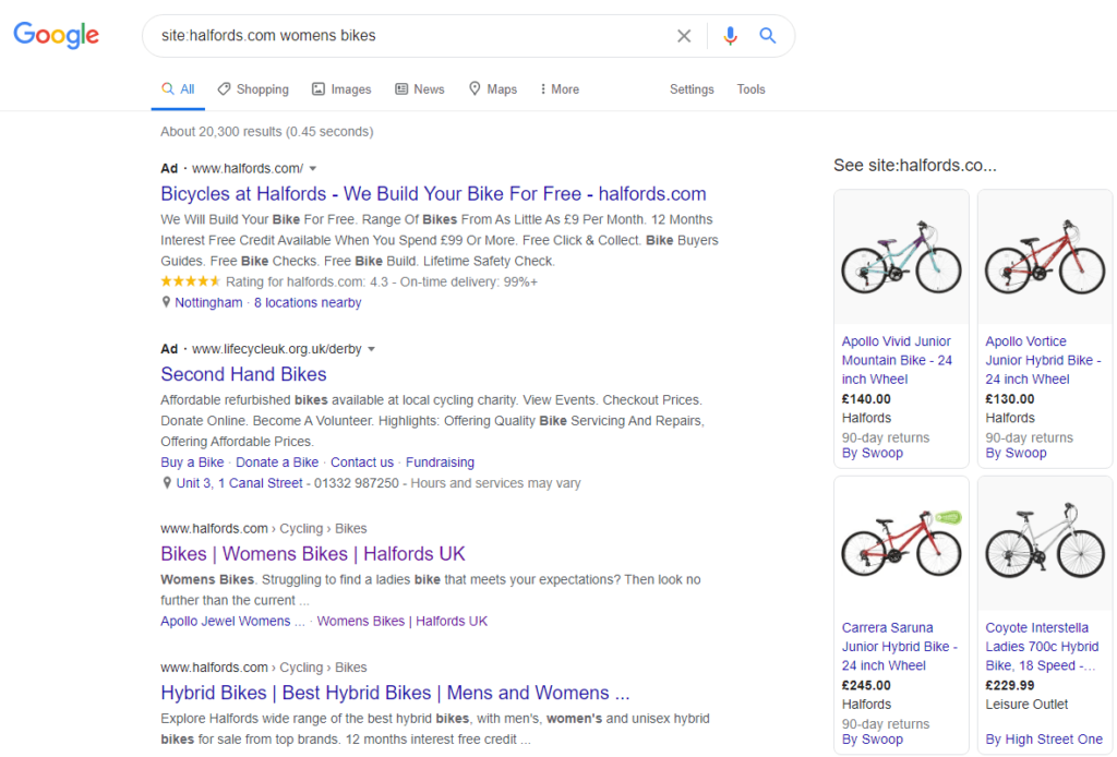 Women's bikes search results. Halfords category page now ranks