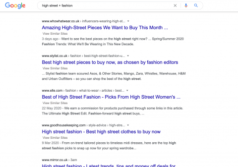 high street + fashion google search results page.