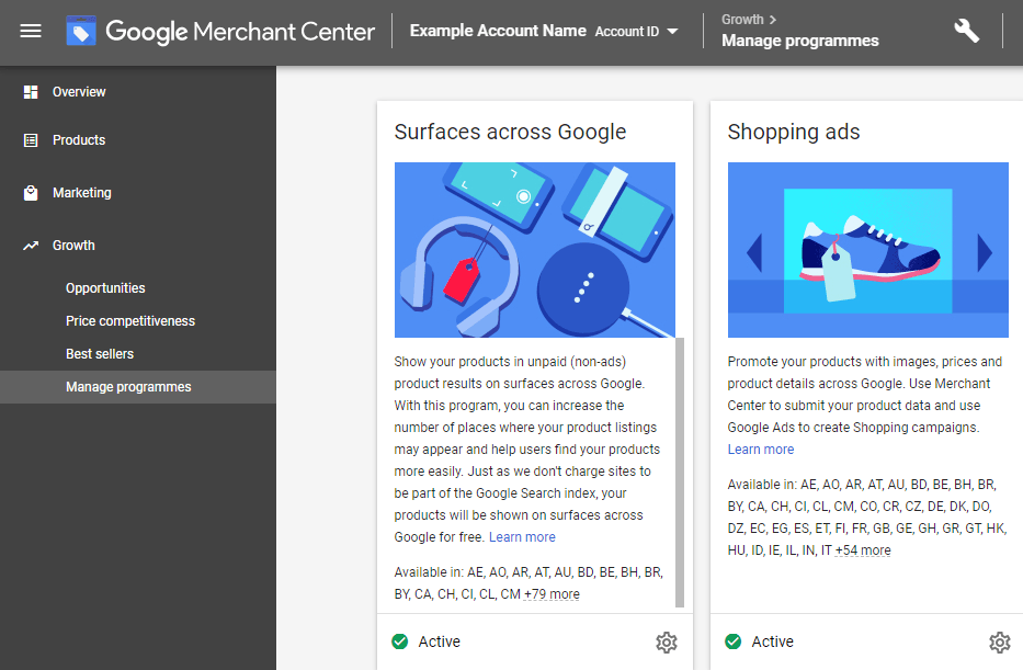 Manage Programmes section in Google Merchant Center