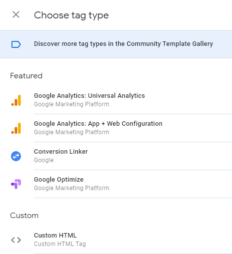 Google Tag Manager featured tag gallery