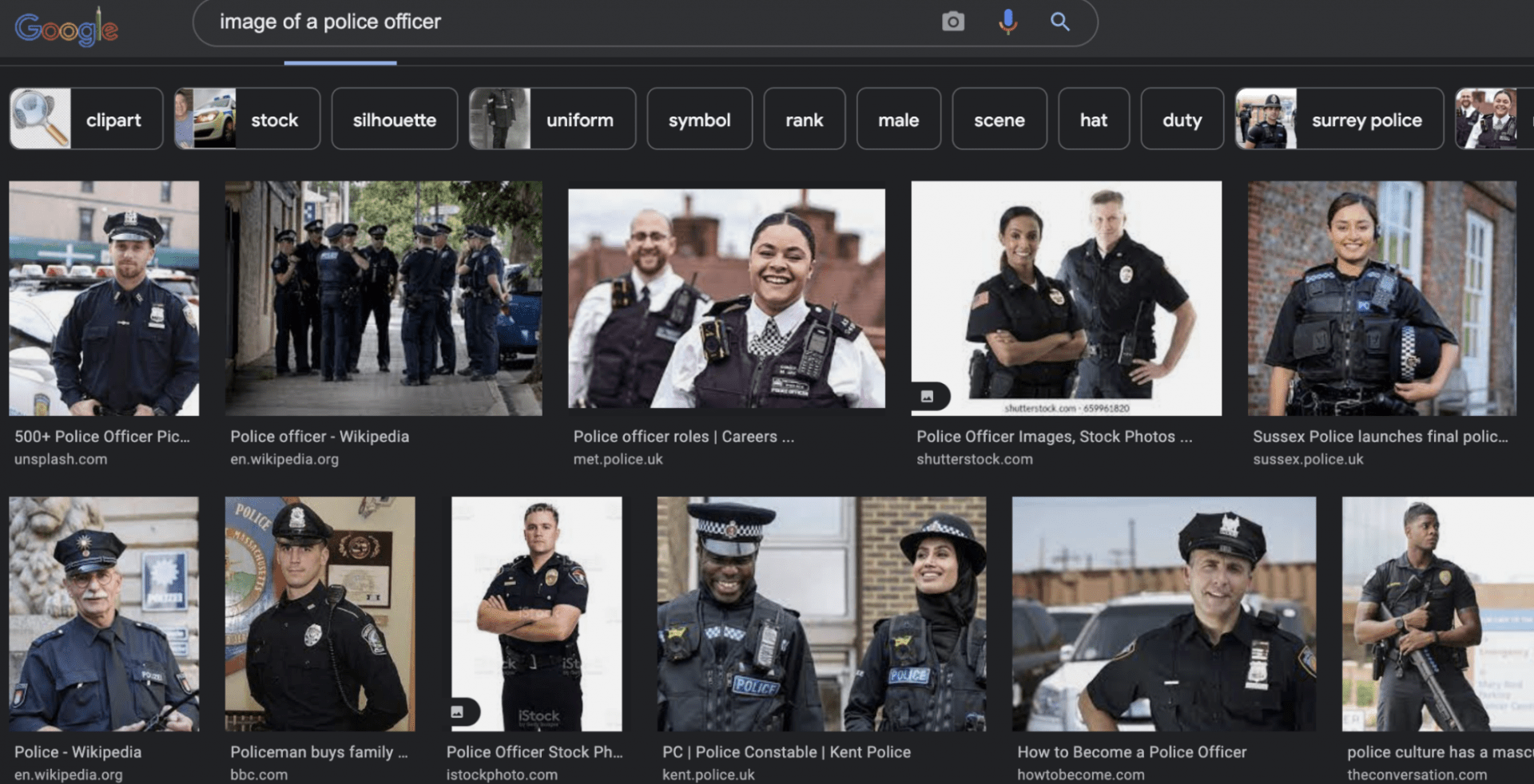 Screenshot of a police officer image search