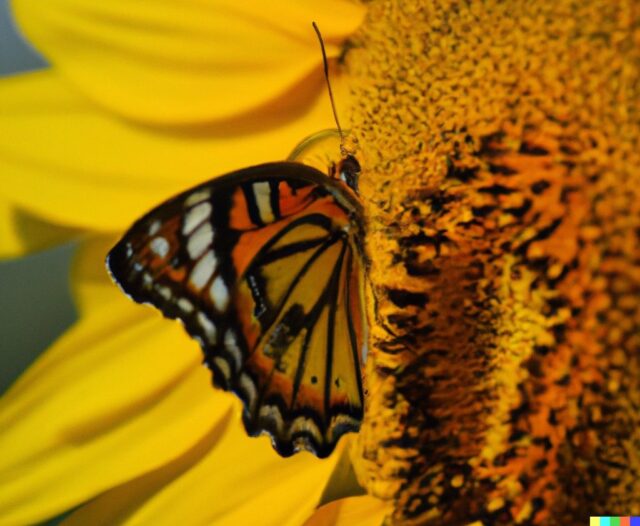 Photorealistic AI generated image of a butterfly on a sunflower