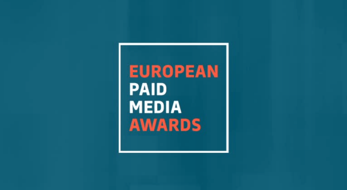 A white box on a blue background containing text saying: EUROPEAN PAID MEDIA AWARDS
