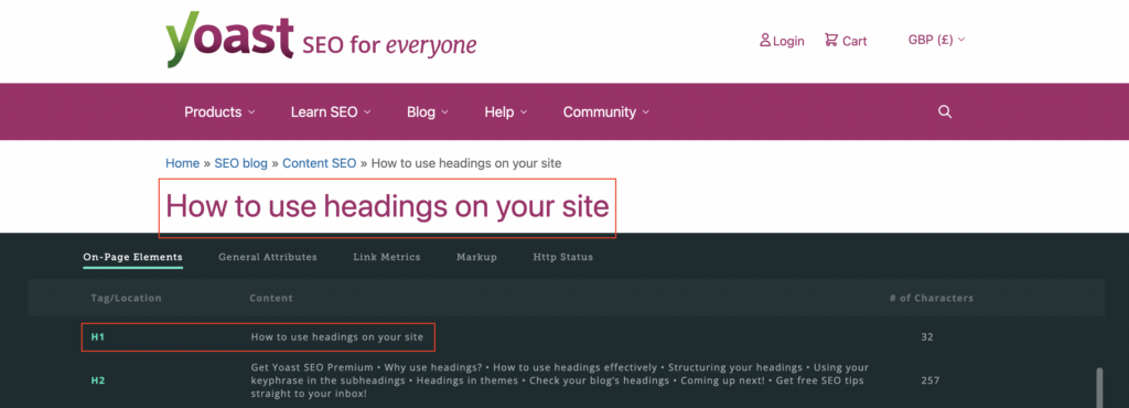 screenshot of heading tag of a yoast blog using mozbar