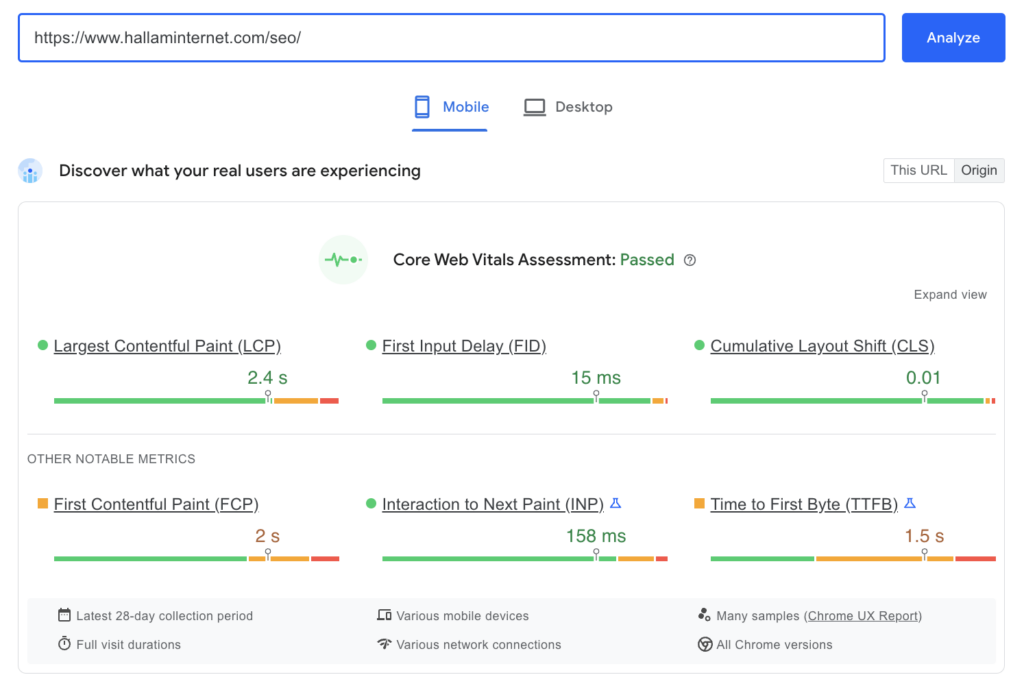 screenshot of core web vitals test results