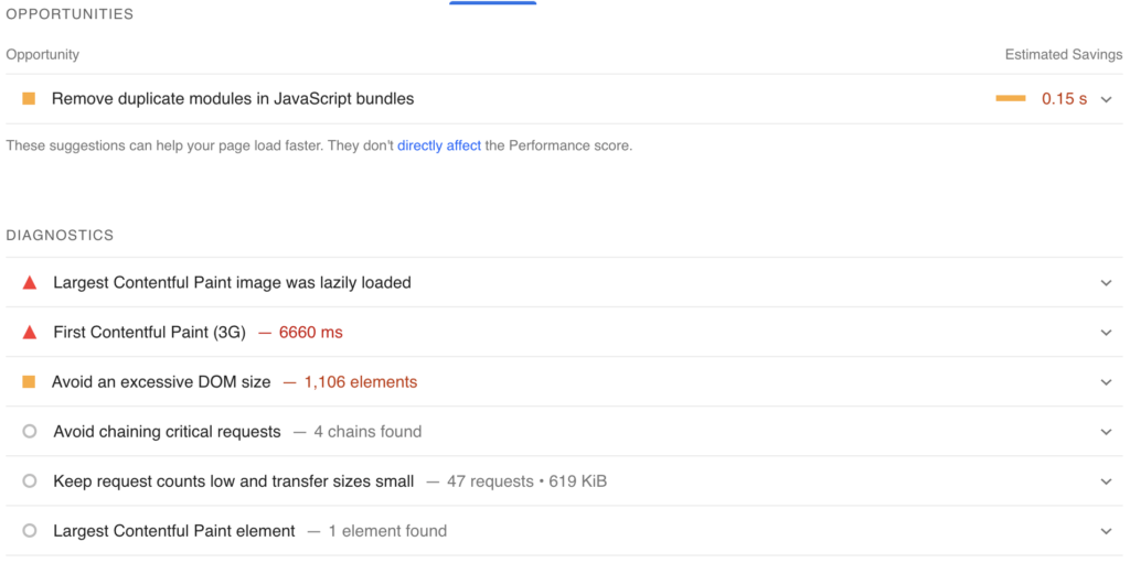 screenshot of google page speed insights diagnostics