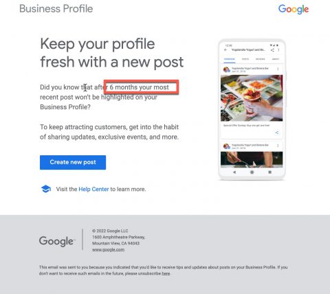 Google Post email describing 6 month highlights