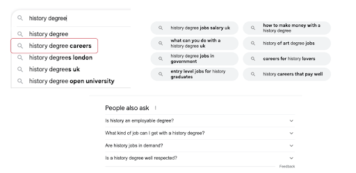 history degree keyword suggest on google