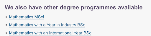 List of other mathematics degree programmes