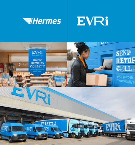 hermes rebrand as evri - same blue and white colours but a different font for each letter of EVRI
