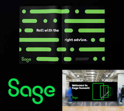 simplistic rebrand for Sage in colours green and black - bold text and messaging
