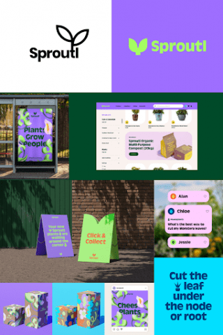 new branding from Sproutl in purple and green as the main colours with simplistic text and logo in the shape of a sprouting plant