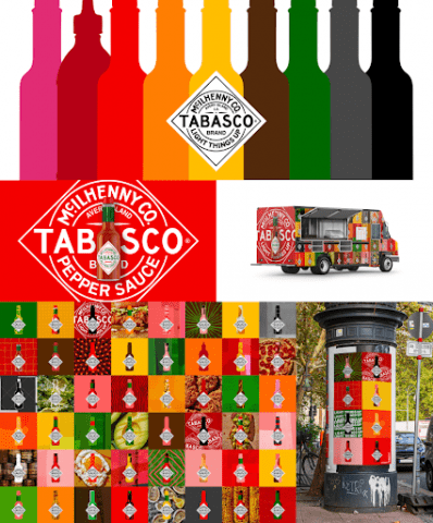 Tabasco - the logo has been placed front and centre in the refresh upon a background of multi-coloured sauce bottles or backgrounds. An array of colours, but mostly warm tones.