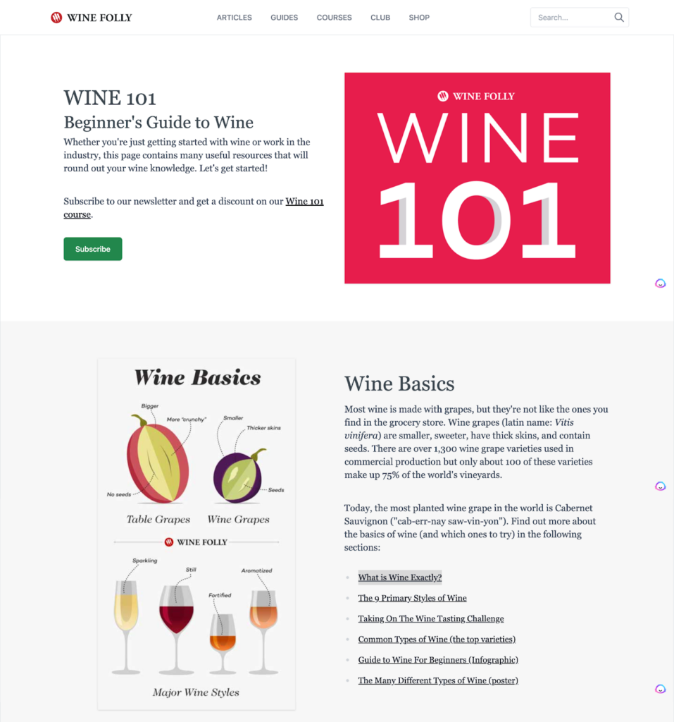 screenshot of wine folly's content hub