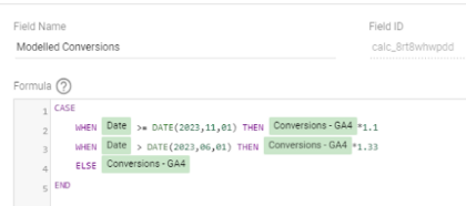 CASEWHEN Date >= DATE (2023, 11, 01) THEN Conversions - GA4*1.1 WHEN Date > DATE (2023, 06, 01) THEN Conversions - GA4*1.33 ELSE Conversions - GA4 END